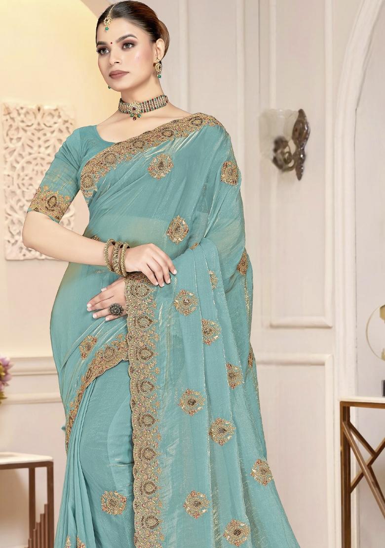 Sky Blue Embroidery Silk Saree Set - Indya