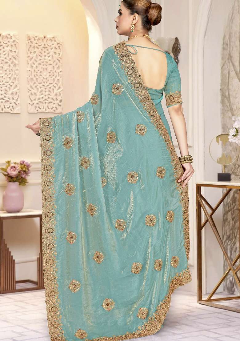 Sky Blue Embroidery Silk Blend Saree Set for Diwali and Festive Wear - Indya