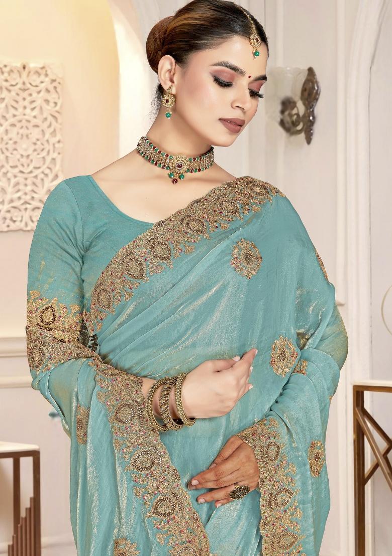Sky Blue Embroidery Silk Saree Set - Indya