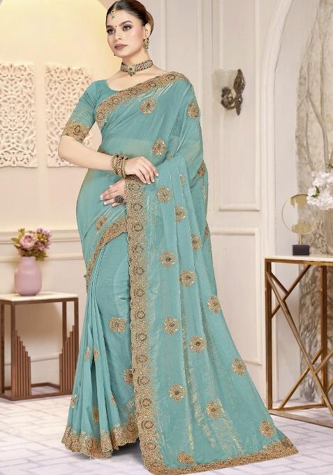 Sky Blue Embroidery Silk Saree Set