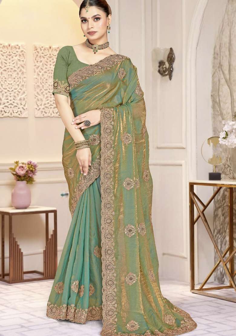 Green Silk Blend Saree Set with Embroidery for Diwali | Wedding & Festive Wear - Indya