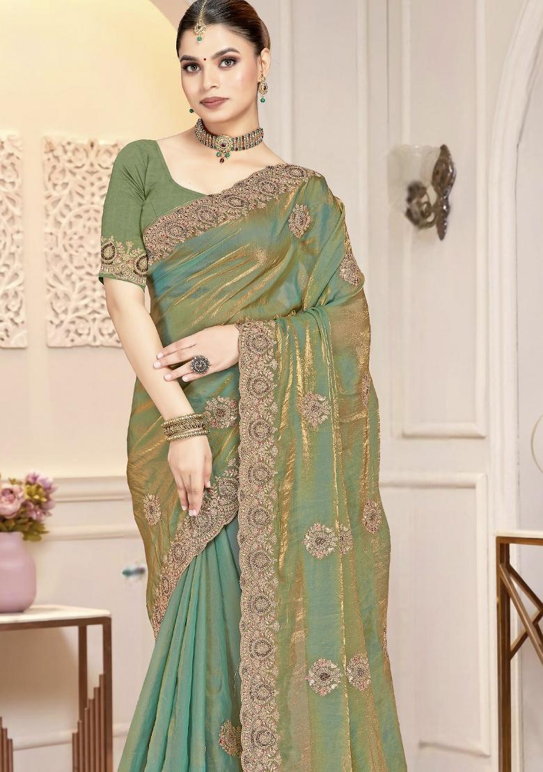 Green Embroidery Silk Saree Set - Indya