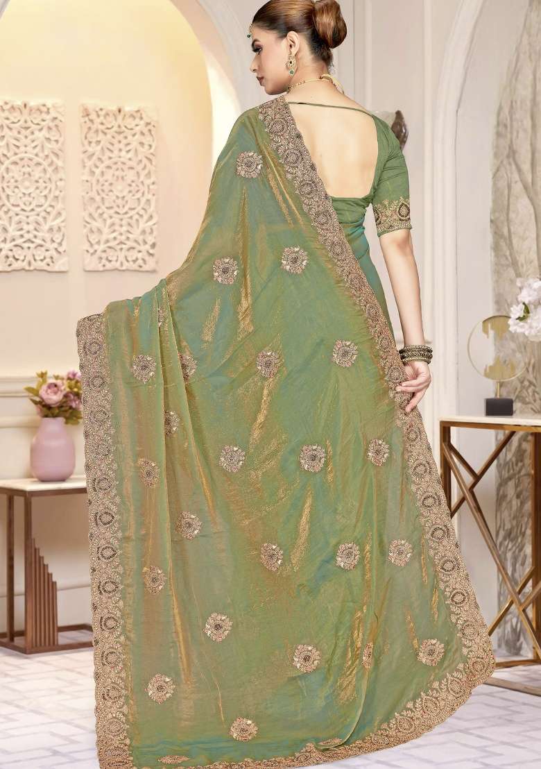 Green Silk Blend Saree Set with Embroidery for Diwali | Wedding & Festive Wear - Indya
