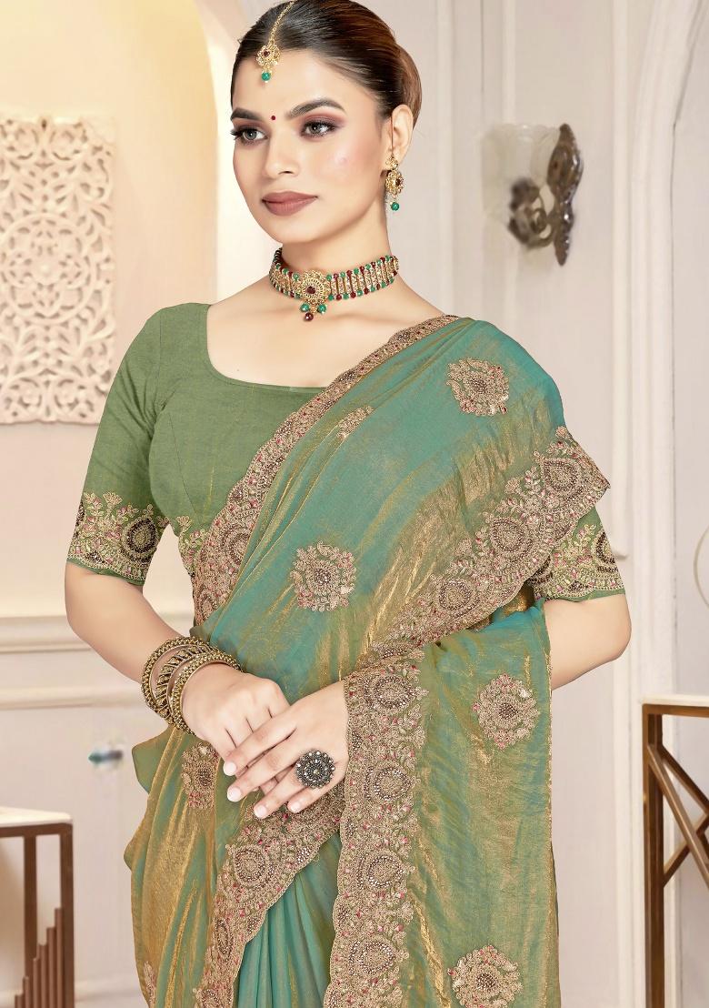 Green Embroidery Silk Saree Set - Indya