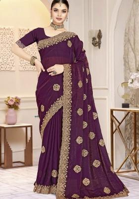 Wine Embroidery Silk Saree Set