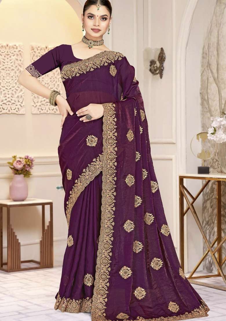 Wine Embroidery Silk Blend Saree Set for Diwali and Festive Wear - Indya