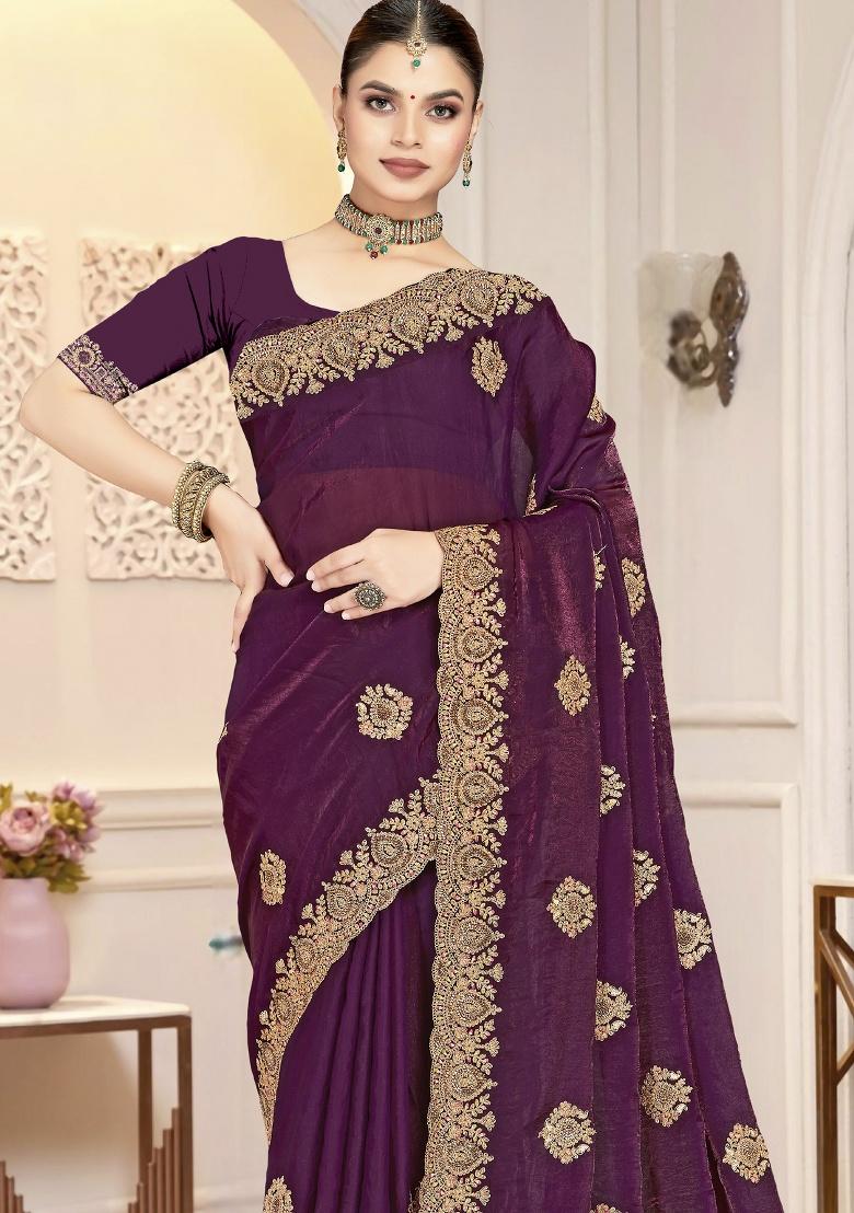 Wine Embroidery Silk Saree Set - Indya