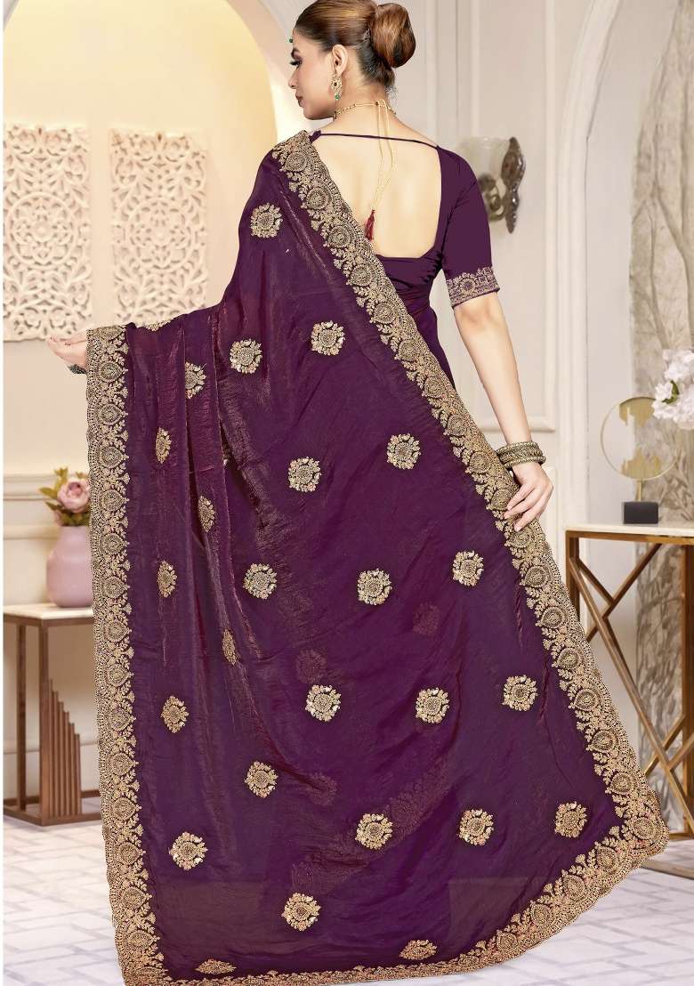 Wine Embroidery Silk Blend Saree Set for Diwali and Festive Wear - Indya