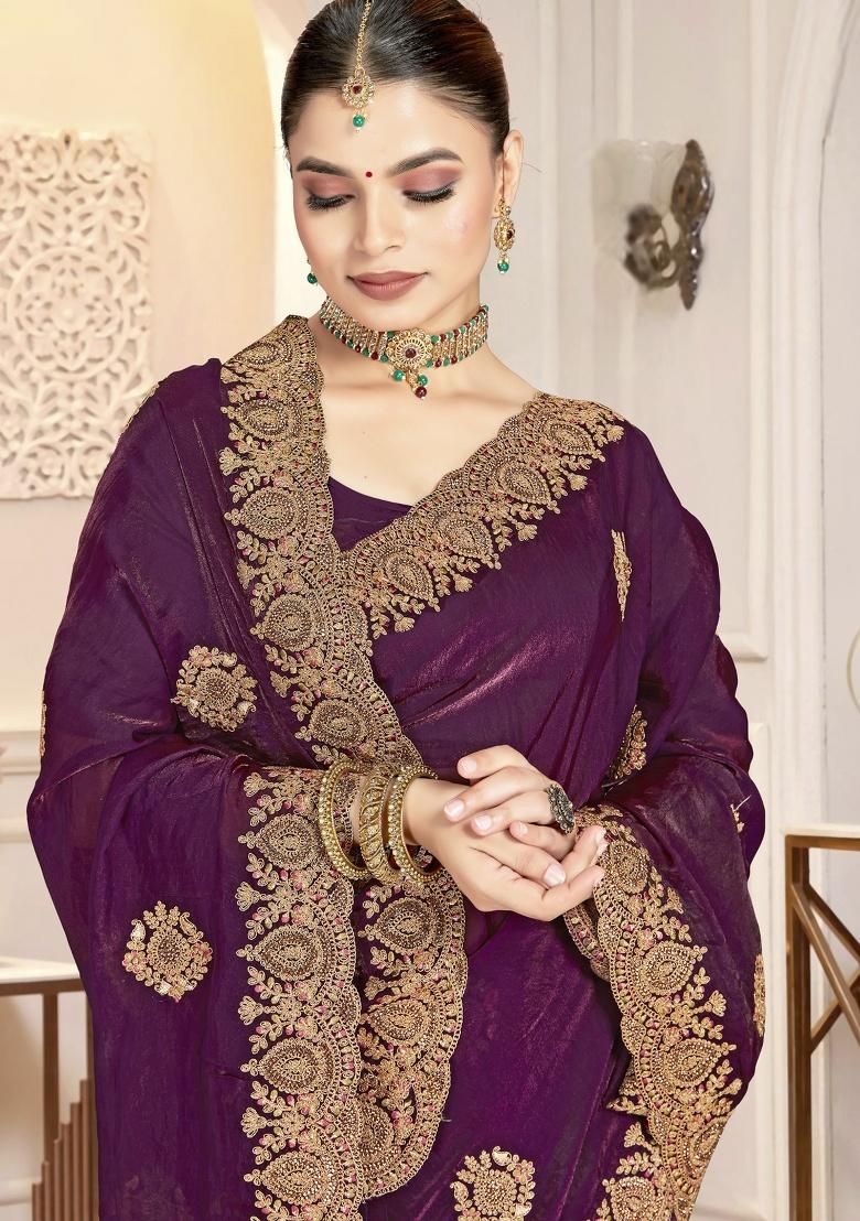 Wine Embroidery Silk Saree Set - Indya