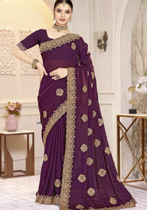 Wine Embroidery Silk Saree Set