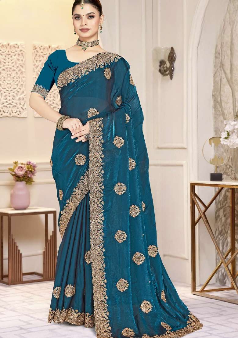 Teal Blue Embroidery Silk Blend Saree Set for Diwali and Festive Wear - Indya