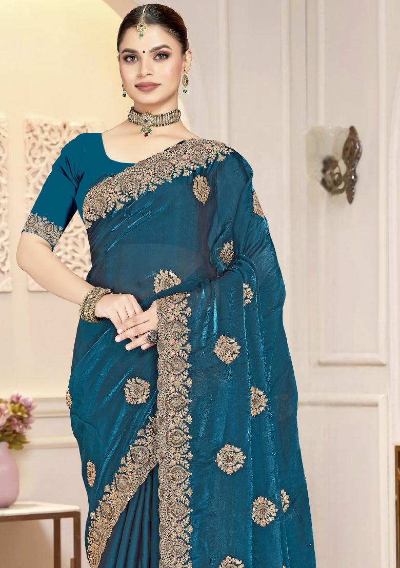 Teal Blue Embroidery Silk Saree Set - Indya