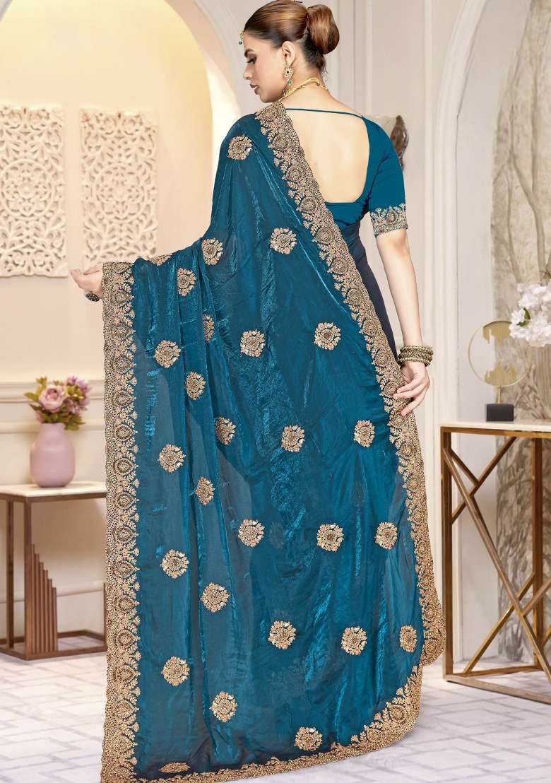 Teal Blue Embroidery Silk Blend Saree Set for Diwali and Festive Wear - Indya