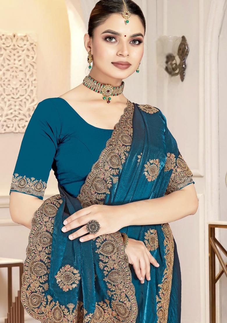 Teal Blue Embroidery Silk Saree Set - Indya