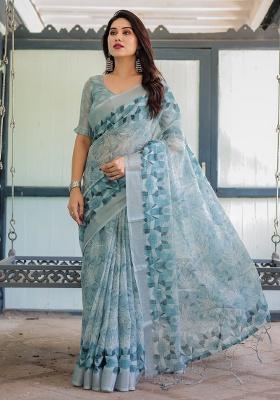 Steel Blue Floral Print Cotton Saree Set