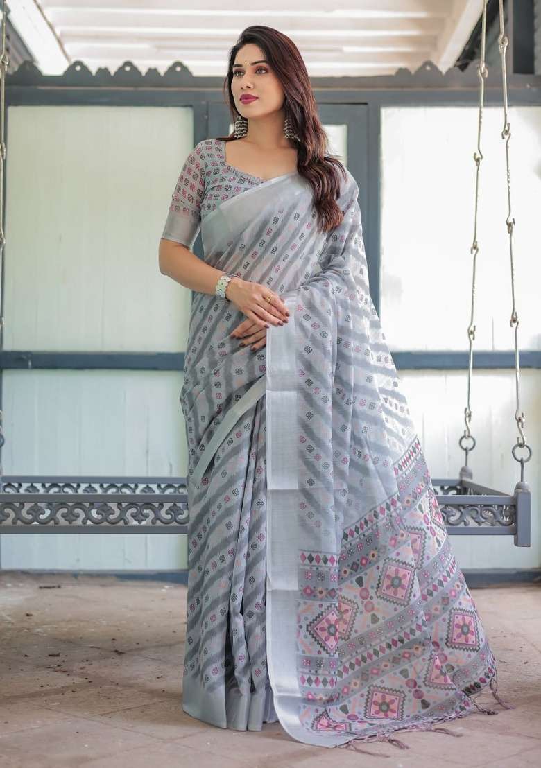 Dark Grey Geometric Cotton Saree Set - Indya