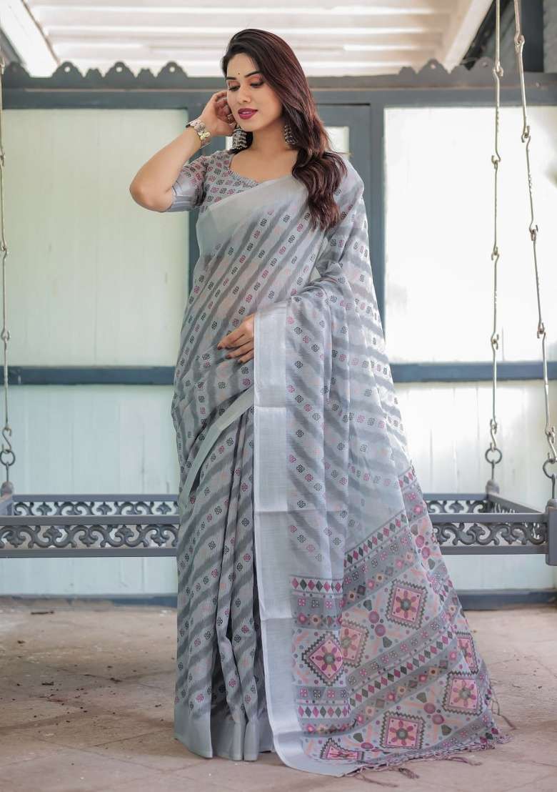 Dark Grey Geometric Cotton Saree Set - Indya