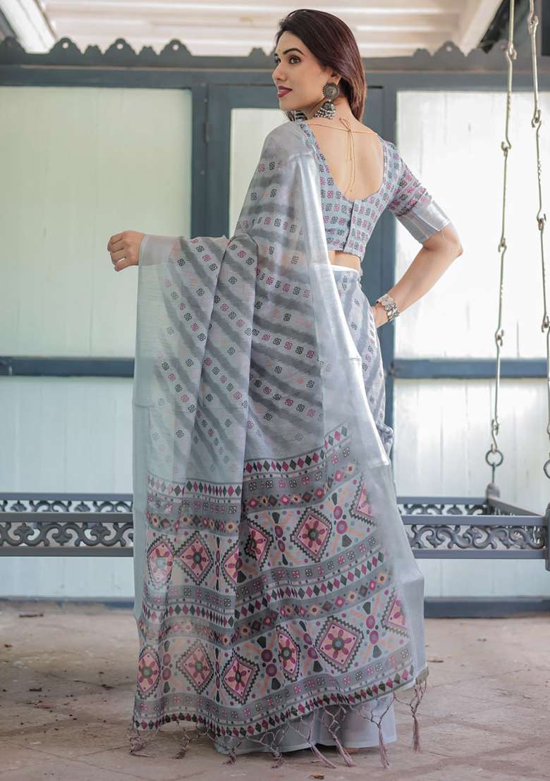 Dark Grey Geometric Cotton Saree Set - Indya
