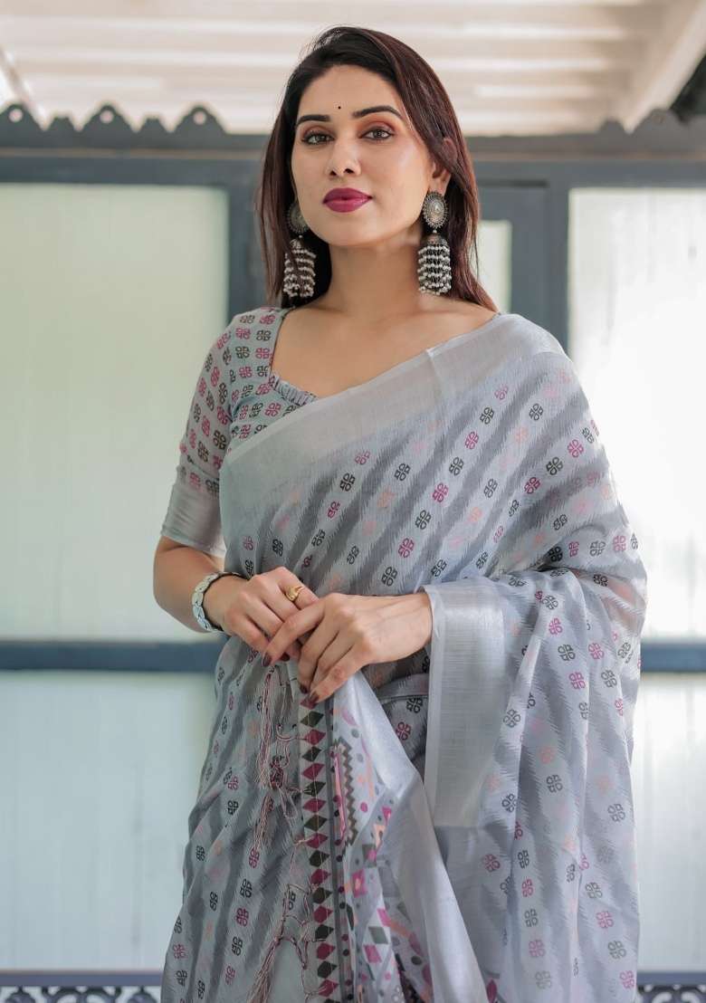 Dark Grey Geometric Cotton Saree Set - Indya