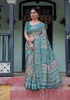 Teal Green Floral Print Cotton Saree Set