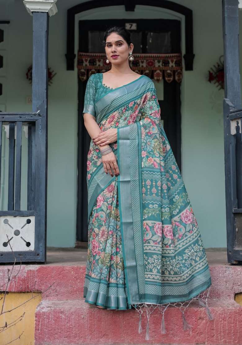 Teal Green Floral Print Cotton Saree Set - Indya
