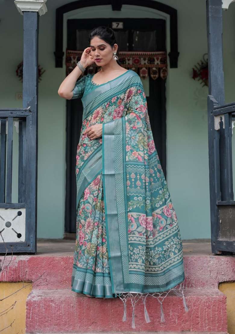 Teal Green Floral Print Cotton Saree Set - Indya
