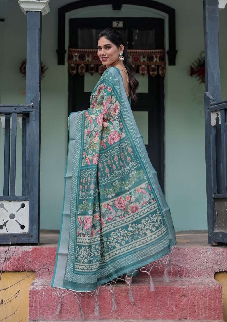 Teal Green Floral Print Cotton Saree Set - Indya
