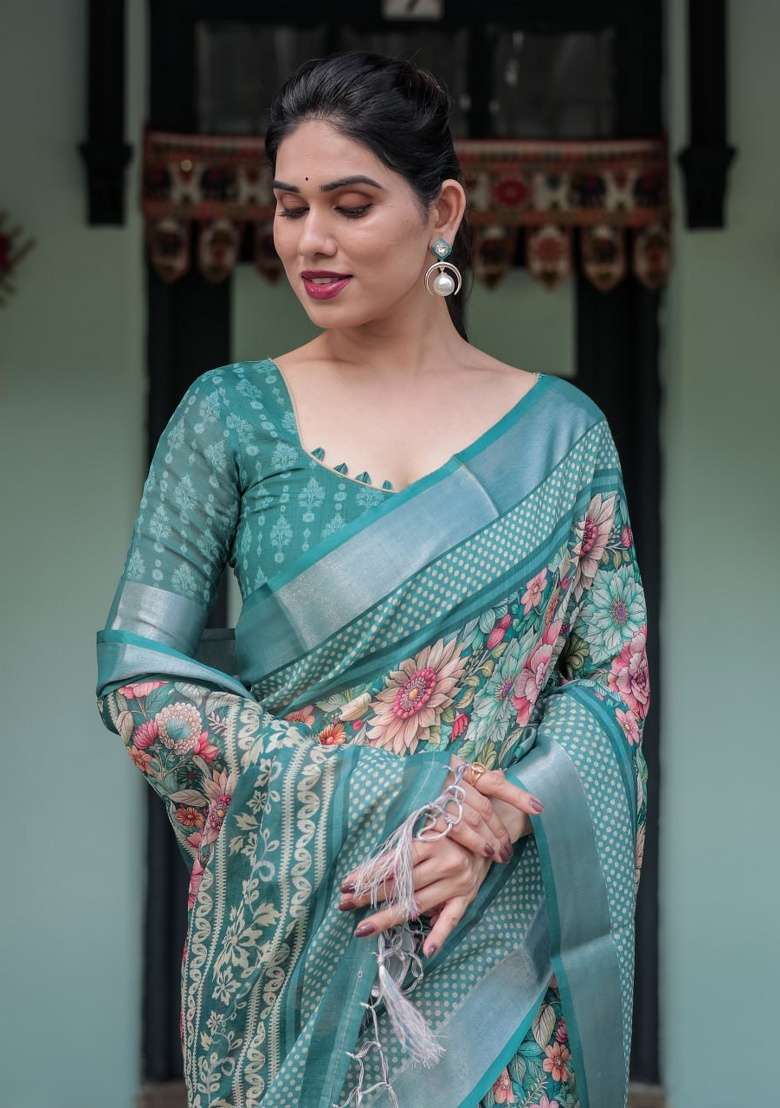 Teal Green Floral Print Cotton Saree Set - Indya