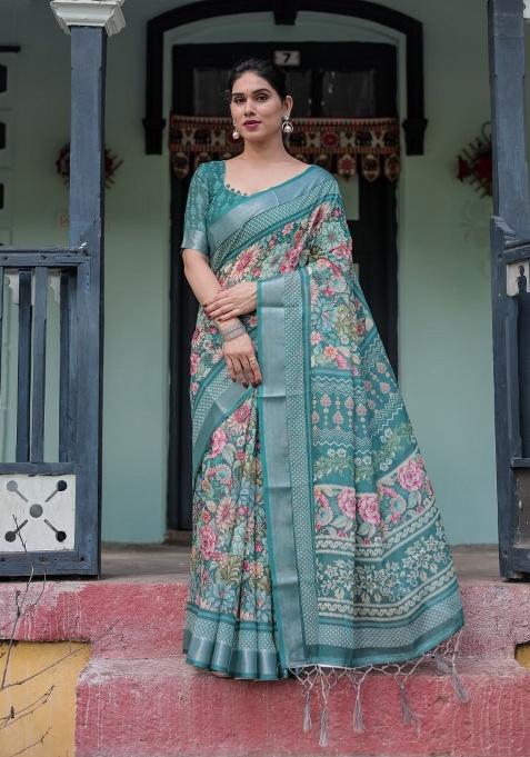 Teal Green Floral Print Cotton Saree Set