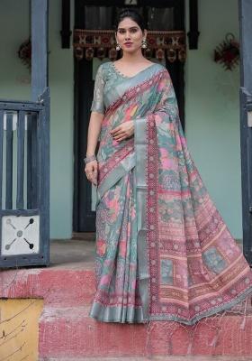 Soft Green Floral Print Cotton Saree Set