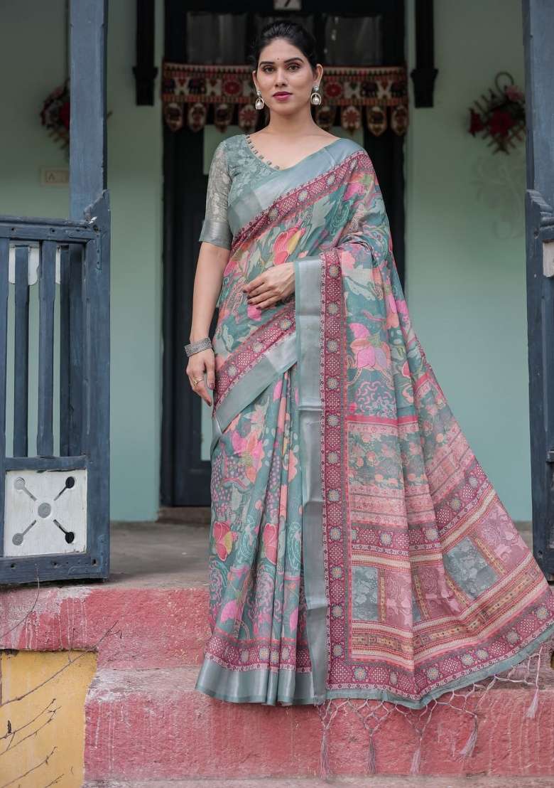 Soft Green Floral Print Cotton Saree Set - Indya