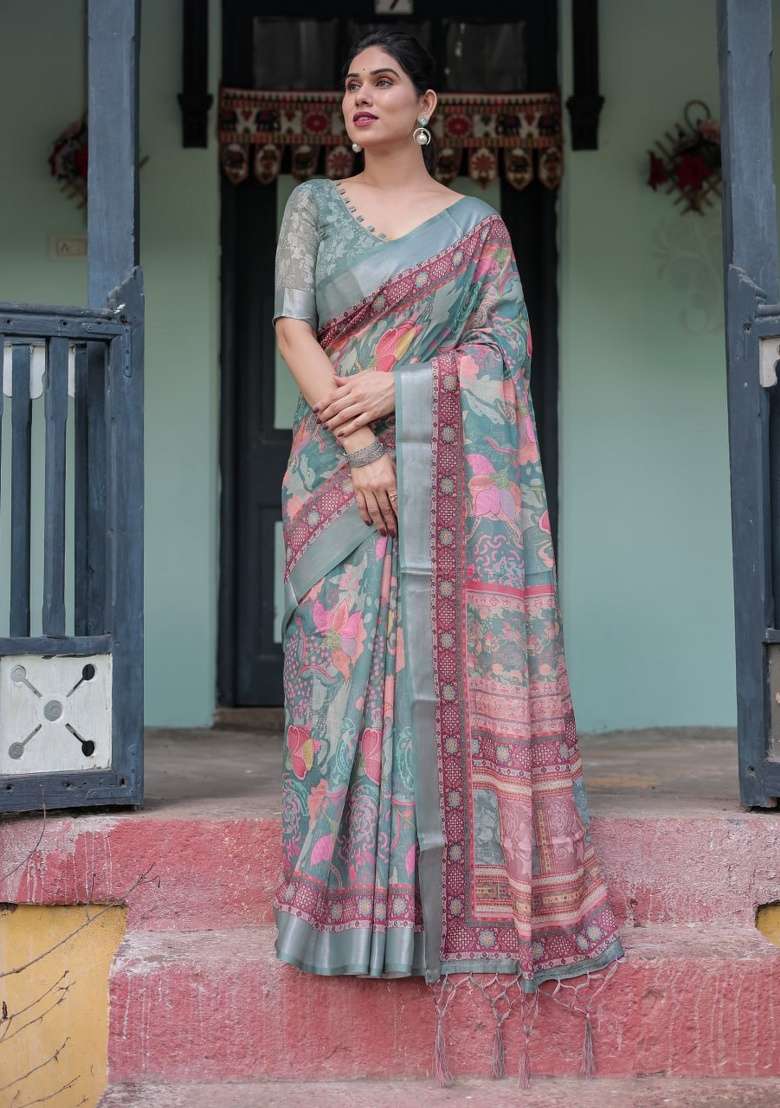 Soft Green Floral Print Cotton Saree Set - Indya