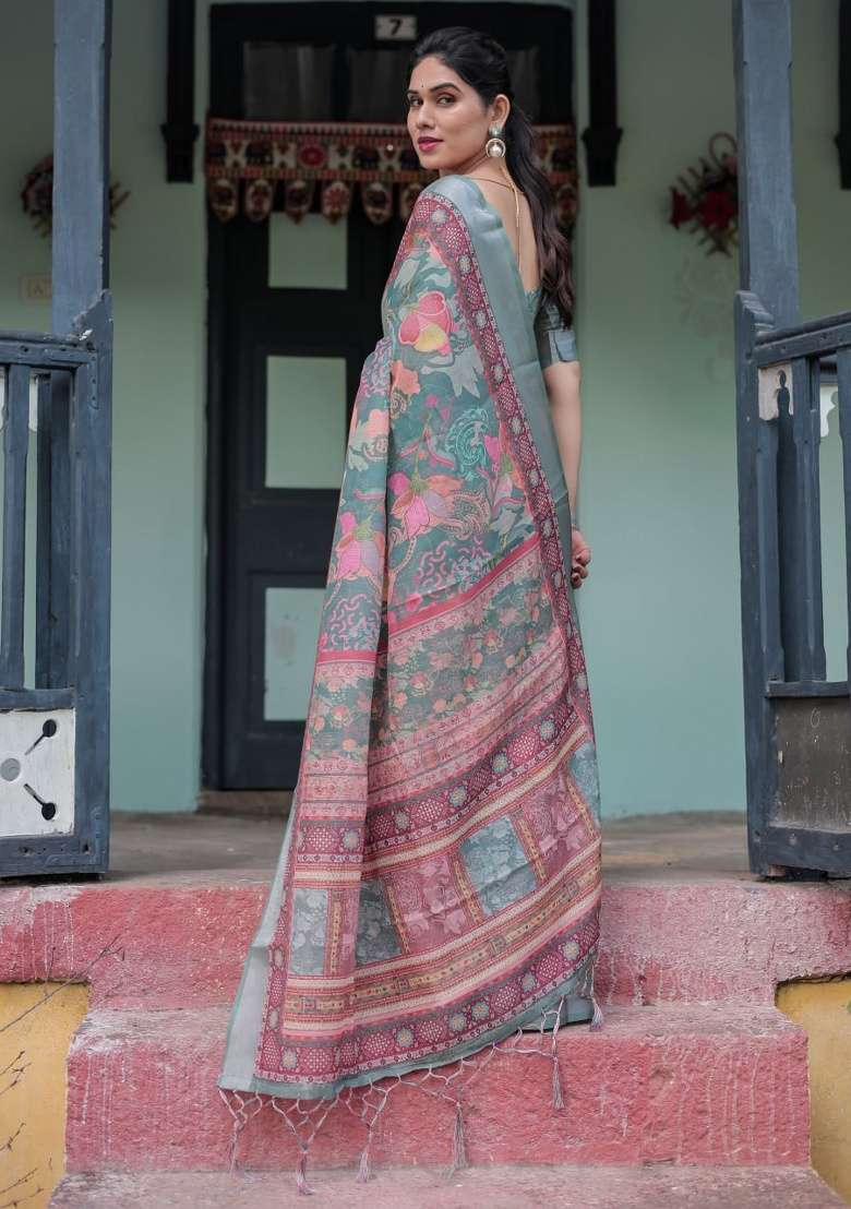 Soft Green Floral Print Cotton Saree Set - Indya