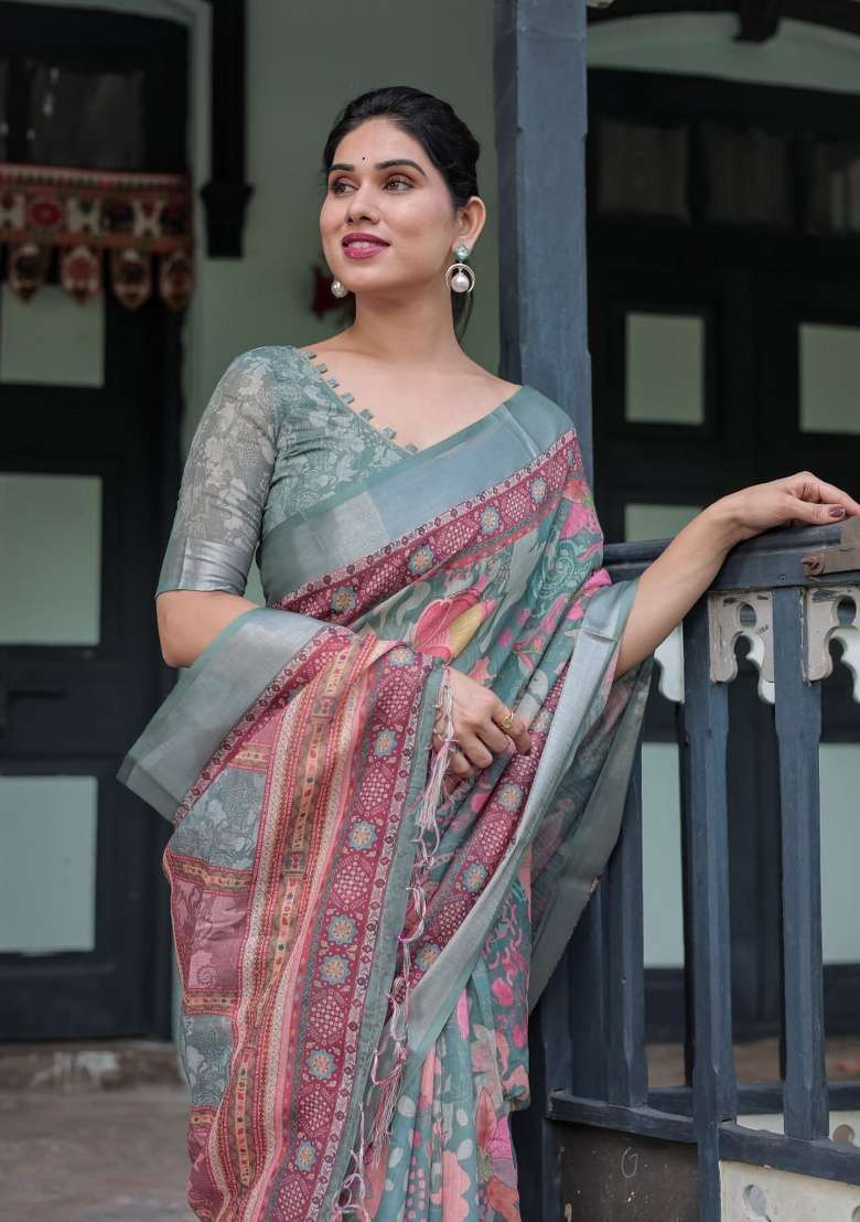 Soft Green Floral Print Cotton Saree Set - Indya