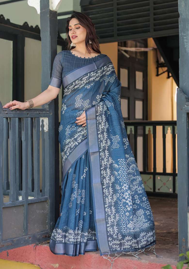 Indigo Blue Floral Print Cotton Saree Set - Indya