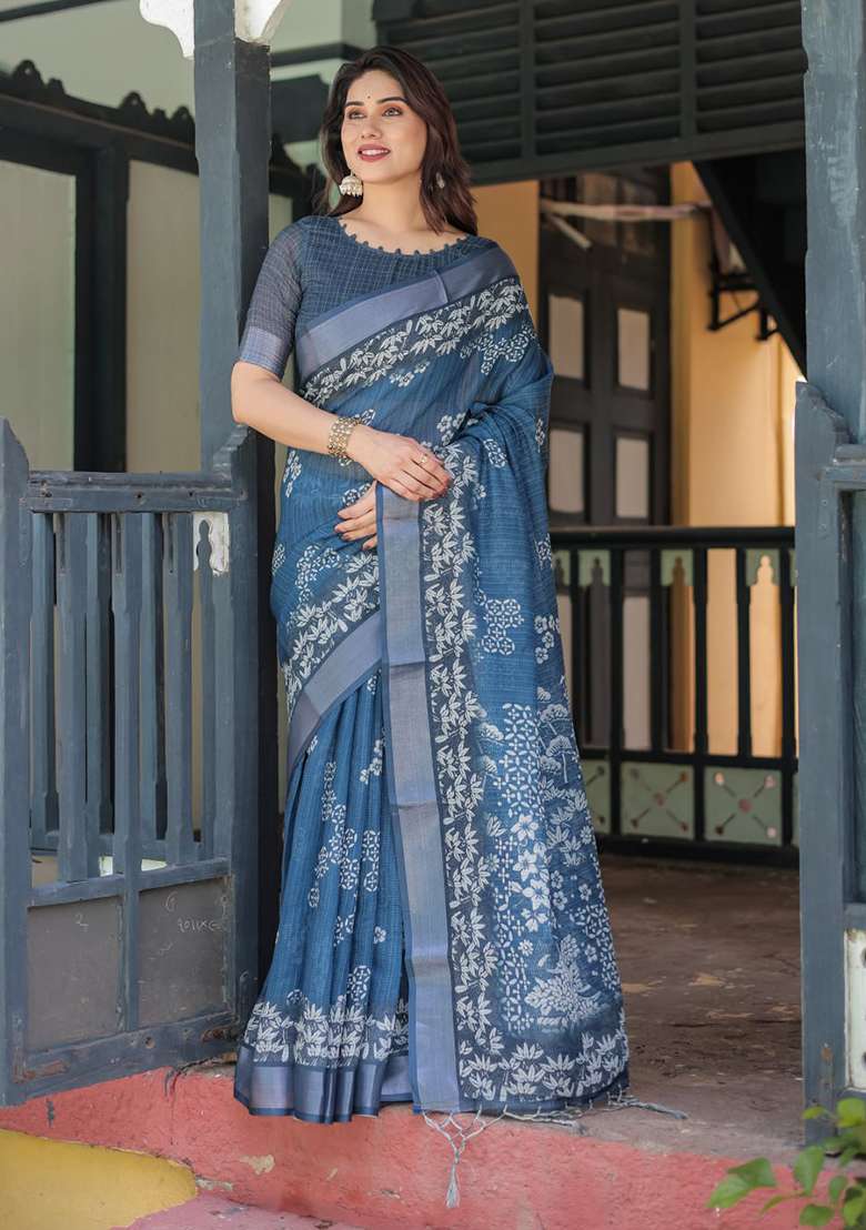 Indigo Blue Floral Print Cotton Saree Set - Indya
