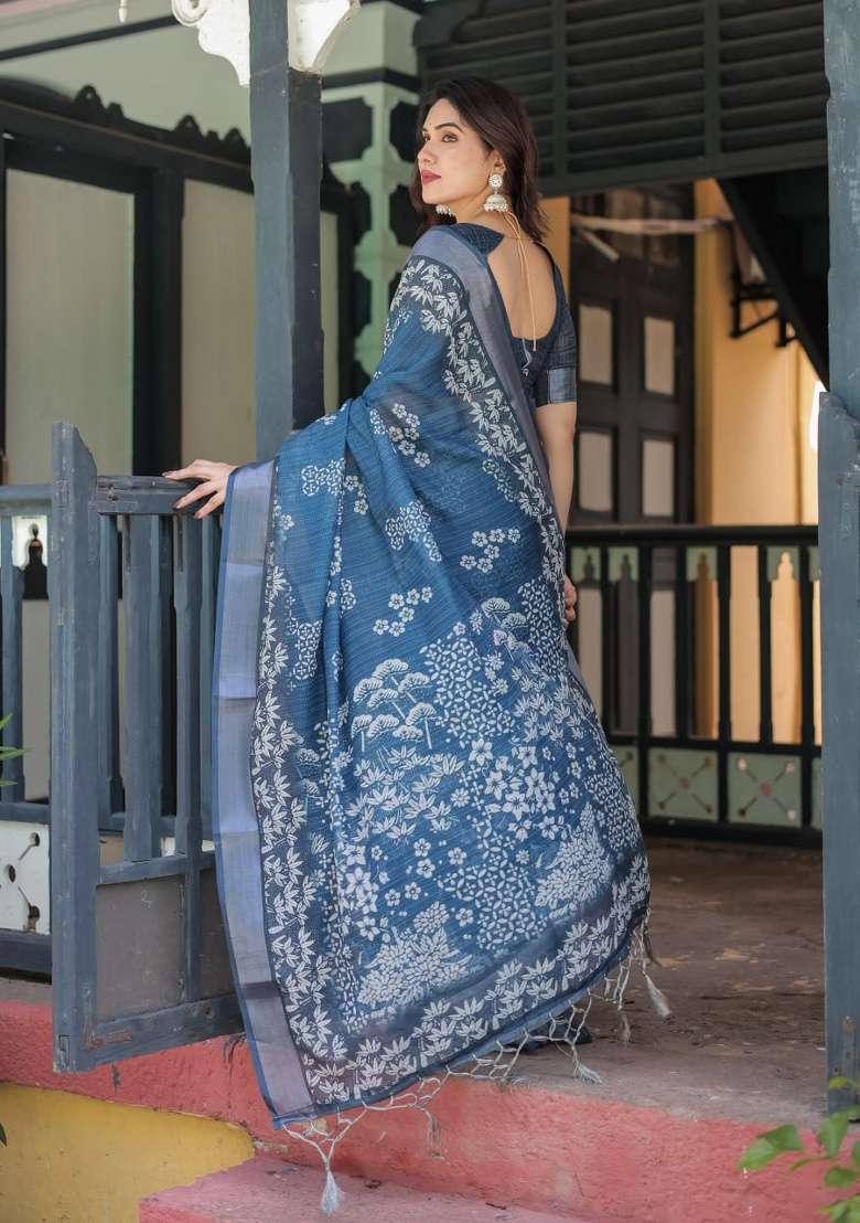 Indigo Blue Floral Print Cotton Saree Set - Indya