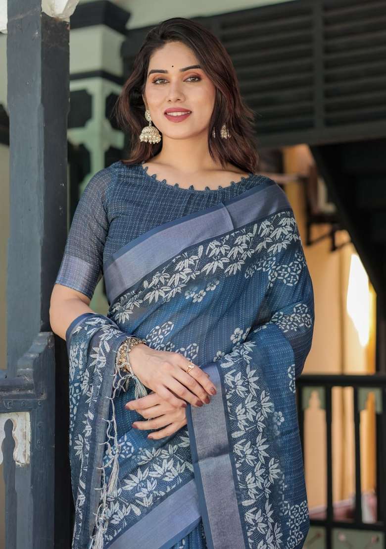 Indigo Blue Floral Print Cotton Saree Set - Indya