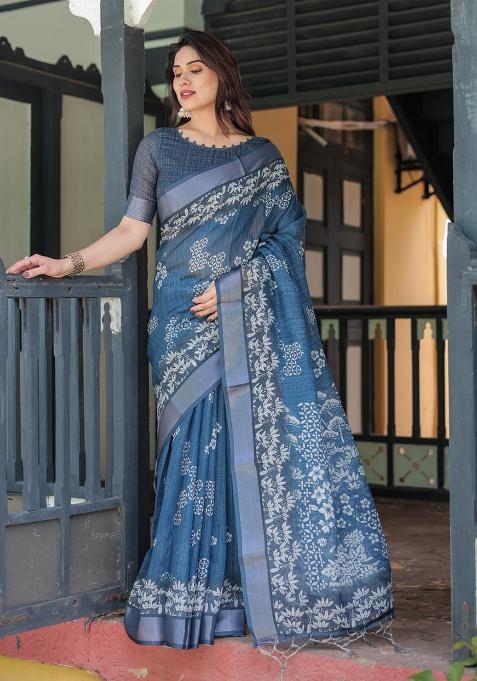 Indigo Blue Floral Print Cotton Saree Set — view on Indya