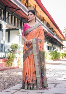 Vibrant Orange Floral Print Cotton Saree Set