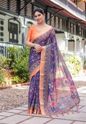 Deep Navy Blue Floral Print Cotton Saree Set