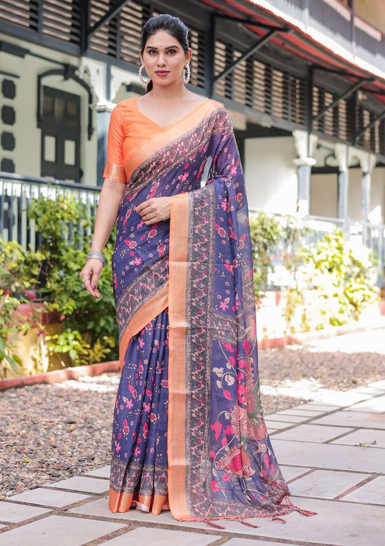 Deep Navy Blue Floral Print Cotton Saree Set - Indya