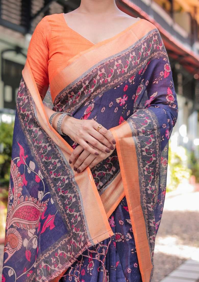Deep Navy Blue Floral Print Cotton Saree Set - Indya