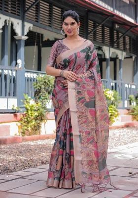 Beige Printed Cotton Saree Set