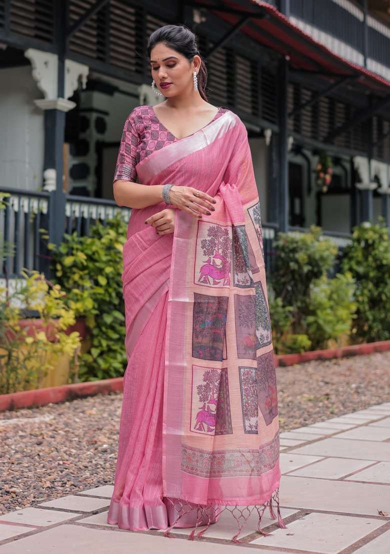Blush Pink Printed Cotton Saree Set - Indya