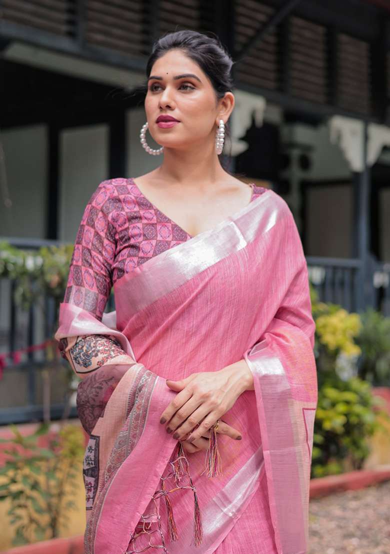 Blush Pink Printed Cotton Saree Set - Indya