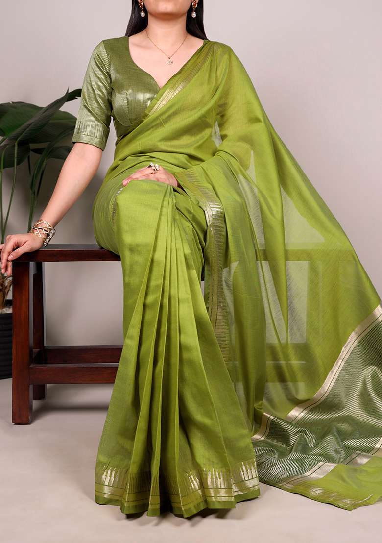 Green Zari Weaving Silk Blend Saree Set - Indya