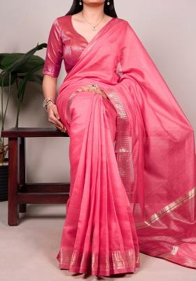Pink Zari Weaving Silk Saree Set