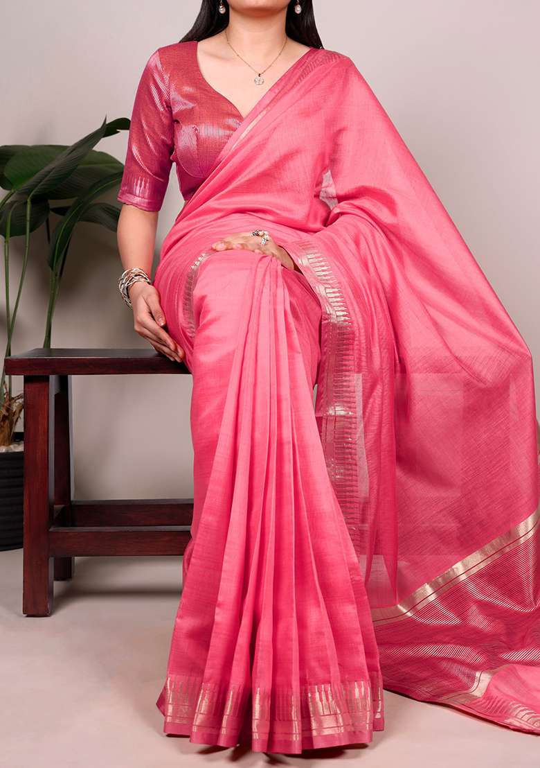 Pink Zari Weaving Silk Blend Saree Set for Diwali | Wedding & Festive Wear - Indya