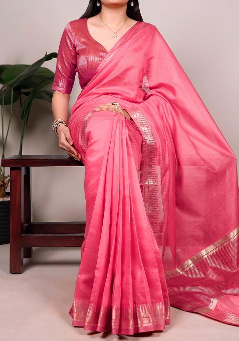 Pink Zari Weaving Silk Saree Set
